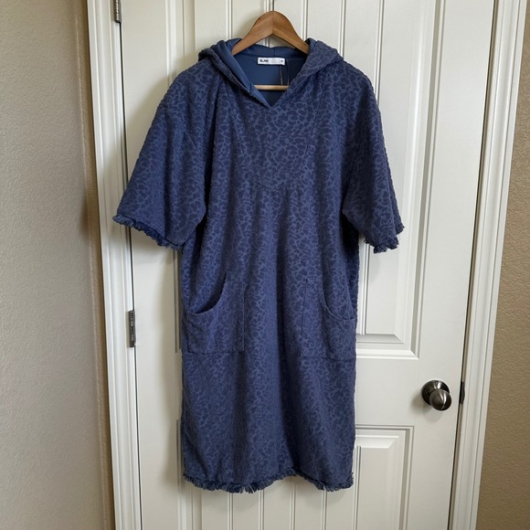 Blank Terry Cloth Cover Up‎ Dress Hooded Pockets Fringed Hem Blue XS - Picture 2 of 8